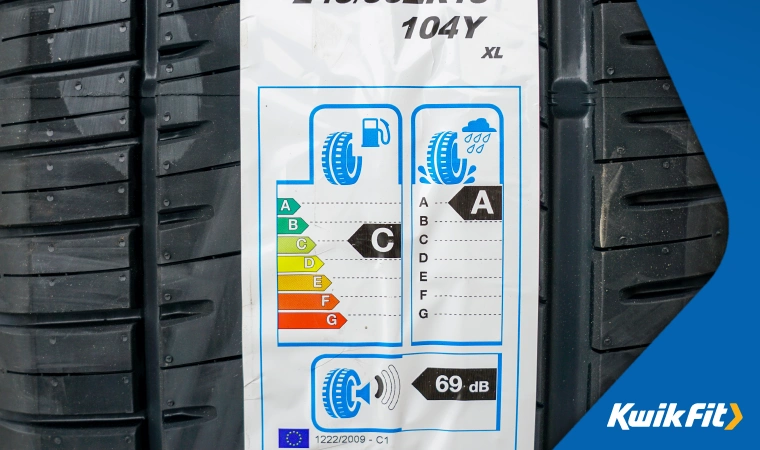 EU tyre label on a new tyre.