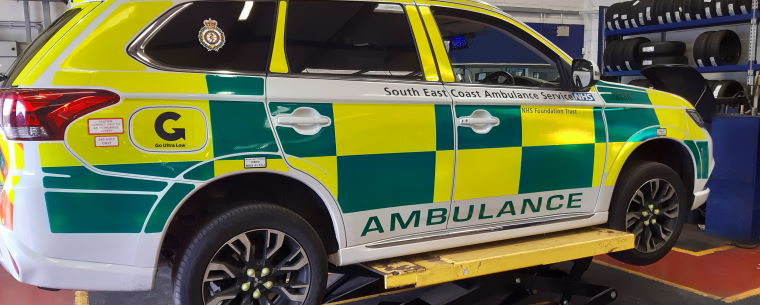 Ambulance being worked on at a Kwik Fit centre