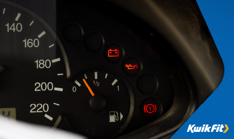 Red battery voltage warning light, engine oil warning light and handbrake on warning light showing on a vehicle dashboard.