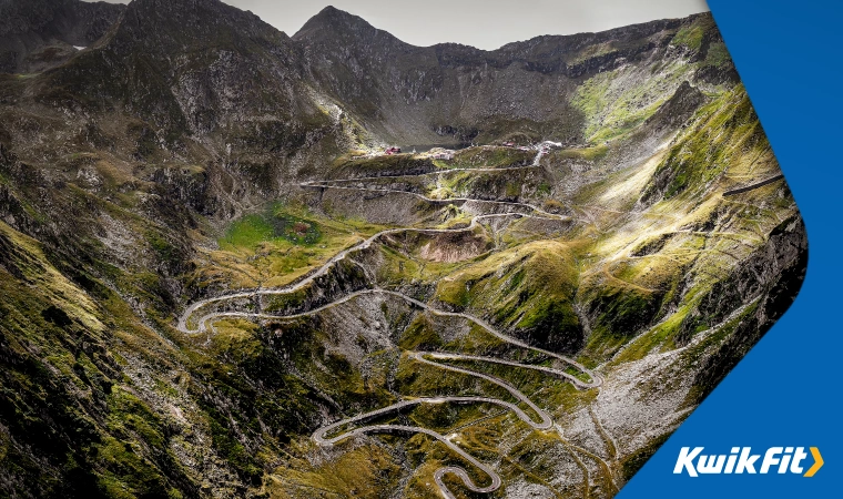 Winding hairpin roads of the Transfagarasan Highway, Romania in the Carpathian Mountains.